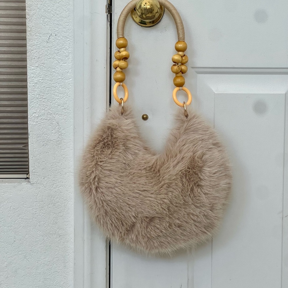 Plush Faux Fur Hobo Bag in Beige with Beaded Handle - Picture 3 of 3